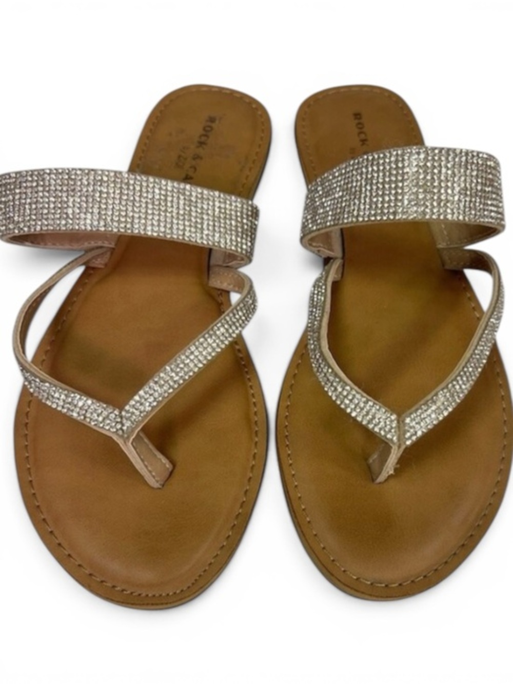 Rock & Candy by Zigi Slide Sandals Womens 7.5 Beige/Tan Rhinestone Thong Flat